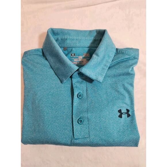 Under Armour Polo Shirt Mens Large Blue Short Sleeve Golf Athleisure Geometric - Picture 1 of 10